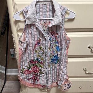 Johnny Was Embroidered Boho Sleeveless Top Birds Floral